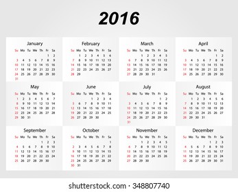 Simple calendar 2016. Week starts from Sunday. Vector illustration