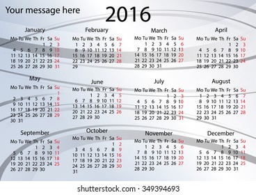 Simple calendar 2016. Week starts from
Monday. Vector illustration