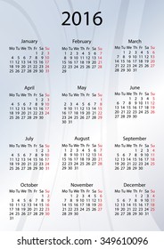 Simple calendar 2016. Week starts from Sunday. Vector illustration