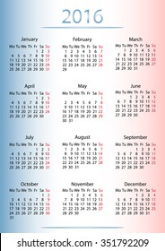 Simple calendar 2016. Week starts fromMonday. Vector illustration