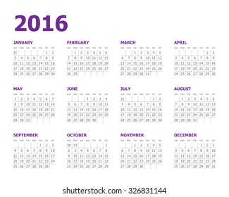 Simple calendar for 2016 year