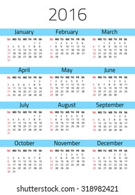 Simple calendar for 2016 year. Week starts Sunday. Vector design template