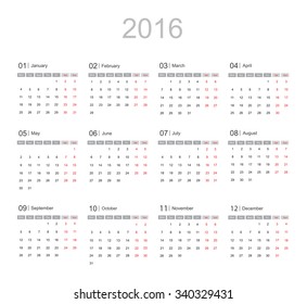Simple calendar 2016.Abstract calendar for 2016.Vector illustration.