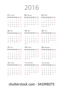 Simple calendar 2016.Abstract calendar for 2016.Vector illustration