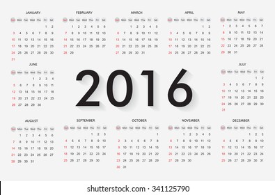 Simple calendar 2016.Abstract calendar for 2016.Vector illustration.