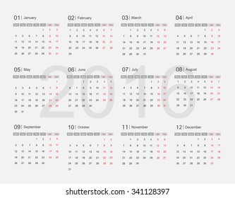 Simple calendar 2016.Abstract calendar for 2016.Vector illustration