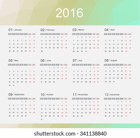 Simple calendar 2016.Abstract calendar for 2016.Vector illustration