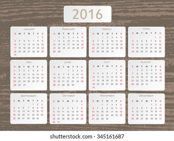 Simple calendar 2016.Abstract calendar for 2016.Vector illustration.