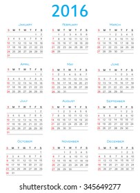 Simple calendar 2016.Abstract calendar for 2016.Vector illustration.