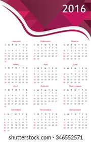 Simple calendar 2016.Abstract calendar for 2016.Vector illustration