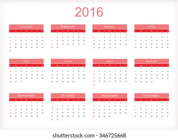 Simple calendar 2016.Abstract calendar for 2016.Vector illustration.