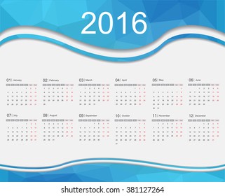 Simple calendar 2016.Abstract calendar for 2016.Vector illustration.