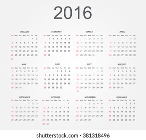 Simple calendar 2016.Abstract calendar for 2016.Vector illustration.