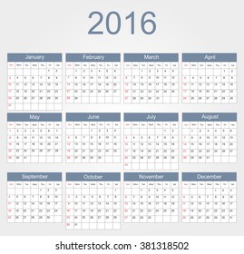 Simple calendar 2016.Abstract calendar for 2016.Vector illustration.