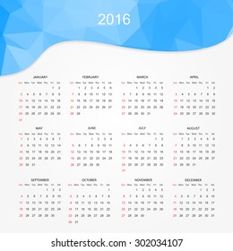 Simple calendar 2016.Abstract calendar for 2016.Week starts from sunday.Vector illustration.