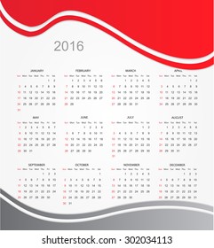 Simple calendar 2016.Abstract calendar for 2016.Week starts from sunday.Vector illustration.