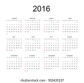 Simple calendar 2016.Abstract calendar for 2016.Week starts from Sunday.Vector illustration.