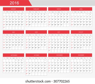 Simple calendar 2016.Abstract calendar for 2016.Week starts from sunday.Vector illustration.