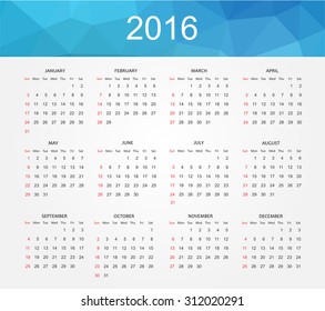 Simple calendar 2016.Abstract calendar for 2016.Week starts from sunday.Vector illustration.