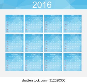 Simple calendar 2016.Abstract calendar for 2016.Week starts from sunday.Vector illustration.