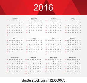 Simple calendar 2016.Abstract calendar for 2016.Week starts from sunday.Vector illustration.