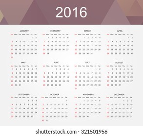 Simple calendar 2016.Abstract calendar for 2016.Week starts from sunday.Vector illustration.