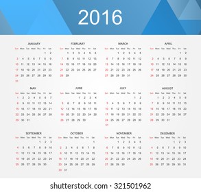 Simple calendar 2016.Abstract calendar for 2016.Week starts from sunday.Vector illustration.