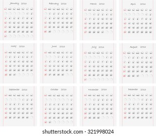Simple calendar 2016.Abstract calendar for 2016.Week starts from sunday.Vector illustration.