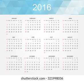 Simple calendar 2016.Abstract calendar for 2016.Week starts from sunday.Vector illustration.