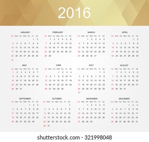 Simple calendar 2016.Abstract calendar for 2016.Week starts from sunday.Vector illustration.