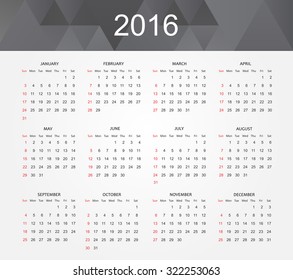 Simple calendar 2016.Abstract calendar for 2016.Week starts from sunday.Vector illustration.