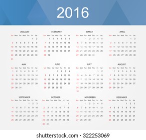 Simple calendar 2016.Abstract calendar for 2016.Week starts from sunday.Vector illustration.