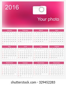 Simple calendar 2016.Abstract calendar for 2016.Week starts from sunday.Vector illustration.