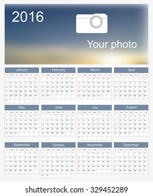 Simple calendar 2016.Abstract calendar for 2016.Week starts from sunday.Vector illustration.