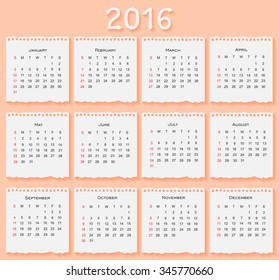 Simple calendar 2016.Abstract calendar for 2016.Week starts with sunday.Vector illustration.