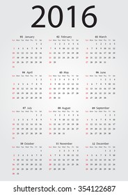 Simple calendar 2016.Abstract calendar for 2016.Week starts from sunday.Vector illustration.