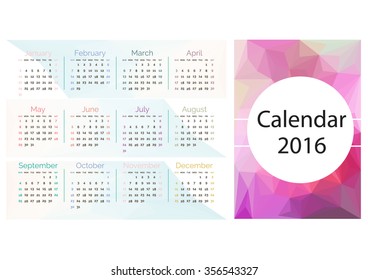 Simple calendar 2016.Abstract calendar for 2016.Week starts from sunday.