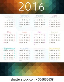 Simple calendar 2016.Abstract calendar for 2016.Week starts from sunday.