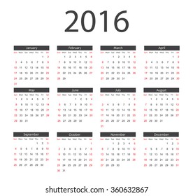 Simple calendar 2016.Abstract calendar for 2016.Week starts from sunday.Vector illustration.