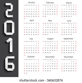 Simple calendar 2016.Abstract calendar for 2016.Week starts from sunday.Vector illustration.