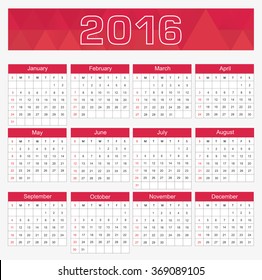 Simple calendar 2016.Abstract calendar for 2016.Week starts from Sunday.Vector illustration.