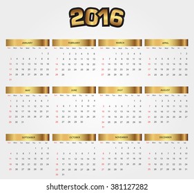 Simple calendar 2016.Abstract calendar for 2016.Week starts from sunday.Vector illustration.