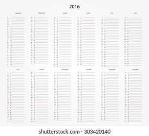 Simple calendar 2016.Planner calendar for 2016.Vector illustration.