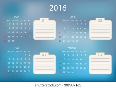 Simple calendar 2016.Planning calendar for 2016.Week starts from sunday.Vector illustration.