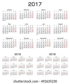 Simple Calendar 2017, 2016, 2018. Week starts from Monday. Vector Illustration.