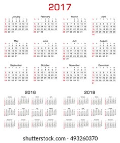 Simple Calendar 2017, 2016, 2018. Week starts from Sunday. Vector Illustration.