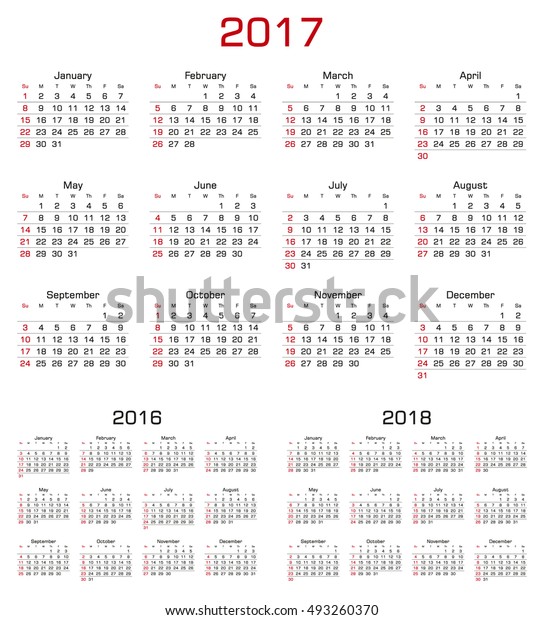 Simple Calendar 2017 2016 2018 Week Stock Vector (Royalty Free ...