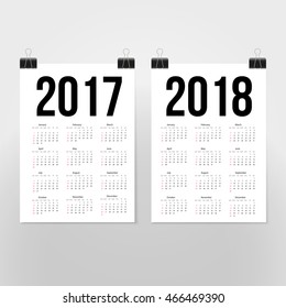 Simple Calendar 2017 2018 starting from Sunday. Blank paper calendar design. Vector illustration