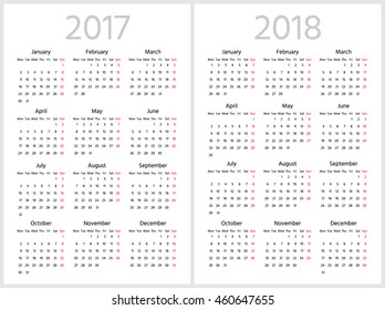 Simple calendar for 2017 and 2018 years. Week starts from Monday. 