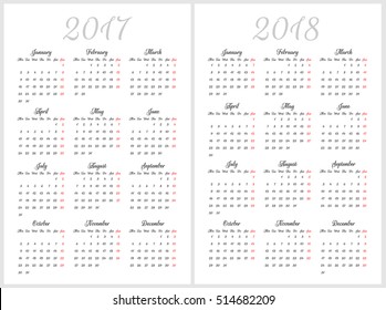 Simple calendar for 2017 and 2018 years. Week starts from Monday. Script font, white background